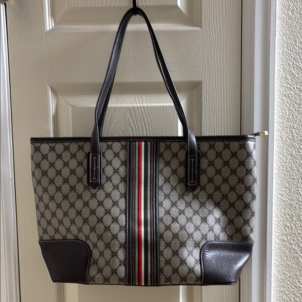 Chic Brown and Gray Tote Bag with Sporty Stripes
